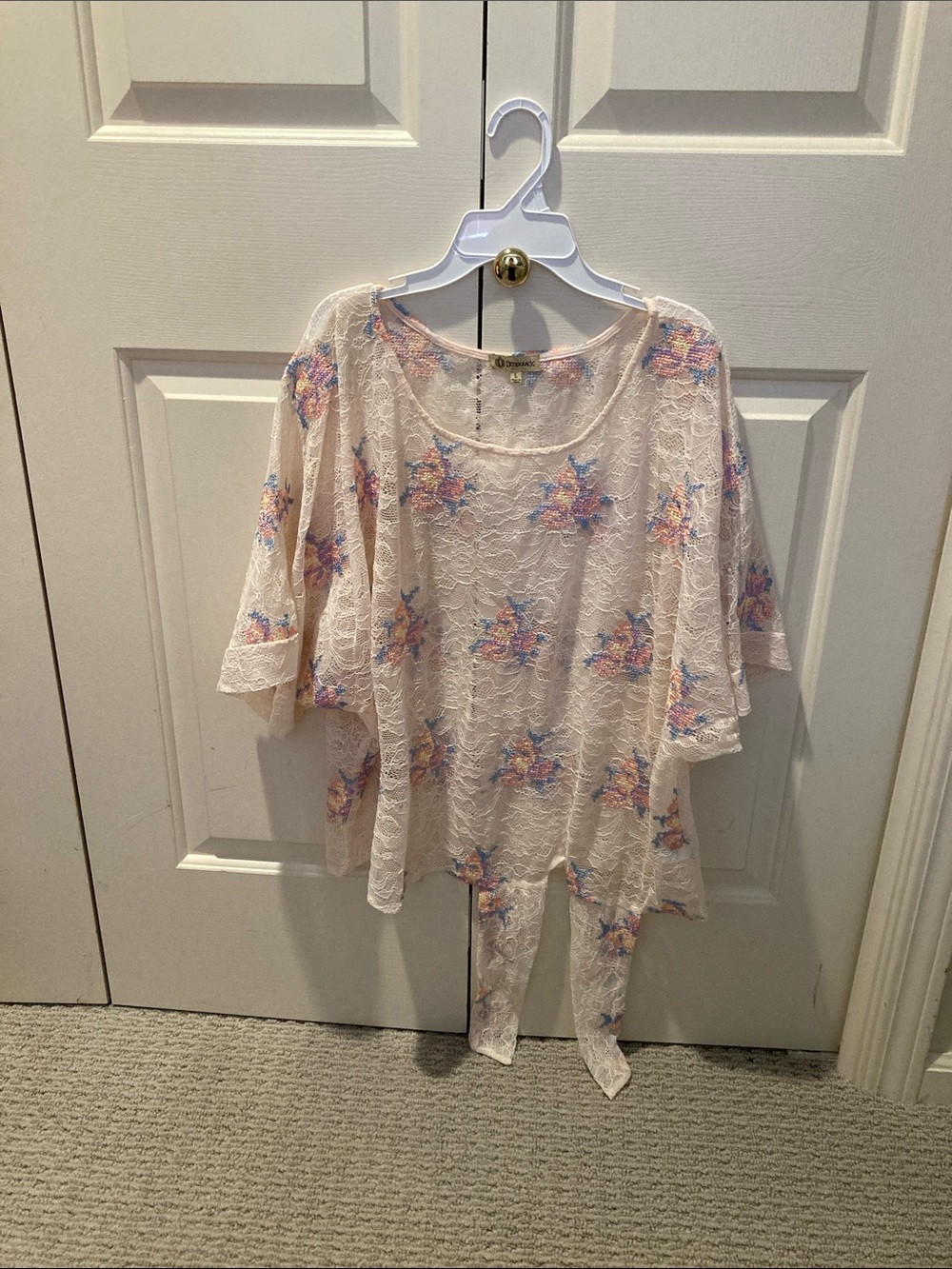 Democracy Cream Lace Tunic with Pink and Blue embroidered Floral accents.